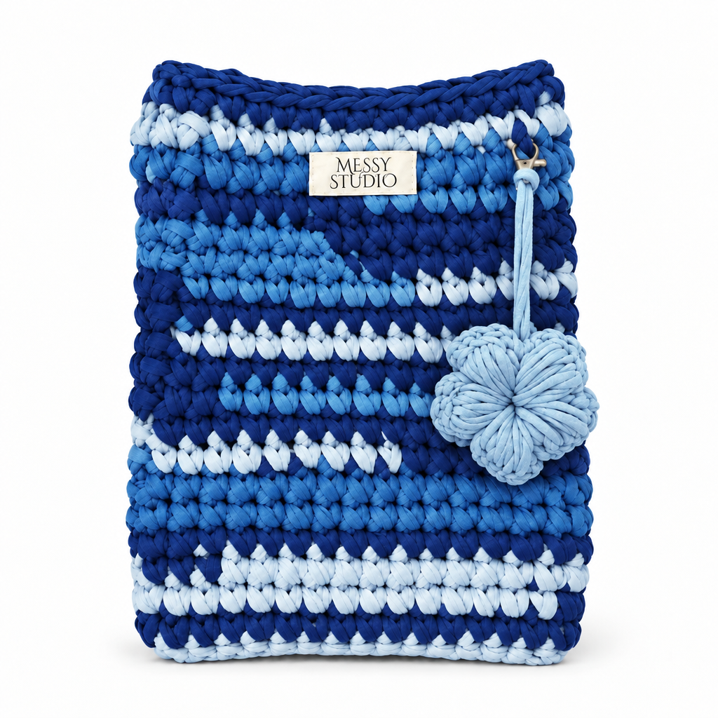 Blue Studio Sleeve with light blue flower charm on a white background